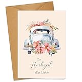 Hochzeitskarte mit Auto - A6 Klappkarten Aquarell Karte Hochzeit - Premium Glückwunschkarte zur Hochzeit mit Umschlag