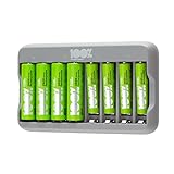 100% PeakPower Akku Ladegerät AA AAA | Batterie Ladegerät inkl. 8 Akkus (4X AA Akku + 4X AAA Akku), Überladeschutz, Sicherheits-Timer (USB Ladegerät Batterien AAA und AA in plastikfreier Verpackung)