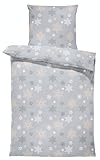 one-home Bettwäsche 135x200 cm Schneeflocken Kristalle grau Biber Winter Flanell Baumwolle