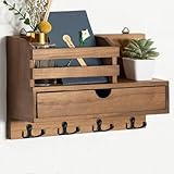 Irayin Schlüsselbrett Holz mit Ablage, Schlüsselhalter Holz mit 4 Doppel Schlüsselhaken und Aufbewahrungsschublade, Wand Schlüsselboard für Eingangsbereich, Flur, Wohnzimmer, Büro - Braun
