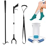 Knie Hüft-Op Reha Sets Anziehhilfen 4 Stück Sockenanziehhilfe, Schuhlöffel Lang, Greifzange 80 cm Faltbare, Beinhebergurt mit Handgriff für Senioren Schwangere Immobile Menschen
