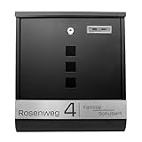 Grafner Briefkasten personalisiert, schwarz mit Zeitungsfach und 2 Schlüssel, V2A Namensschild, Postkasten mit Name Straße Hausnummer, Wandbriefkasten graviert, incl. Montagematerial anthrazit