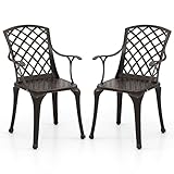 GOPLUS Gartenstühle 2er Set, Balkonstuhl wetterfest aus Aluminiumguss bis 150kg belastbar, Bistrostuhl mit Rückenlehne & Armlehne, Outdoor Stuhl mit Ausschnitt Design für Garten Hof Balkon (Kupferrot)