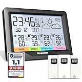 Newentor Wetterstation Funk mit 3 Außensensor Innen und Außen Thermometer Hygrometer DCF-Funkuhr Multifunktionale Funkwetterstation mit Wettervorhersage