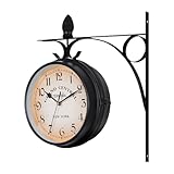 KayEsampra Bahnhofsuhr doppelseitig,Vintage Bahnhofsuhr Doppelseitig Wanduhr, Wasserfest Outdoor Garten Uhr, Bahnhof mit Halterung, Retro Eisen, 29cm, Groß Uhr für Drinnen und Draußen, Schwarz