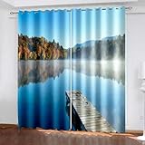 Gualiy Blickdichte Vorhänge, Vorhänge 86x138cm Natur Seenlandschaft Ösenvorhang Verdunkelung 2er Set