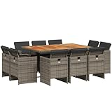 QJBSAVVA Eckbank Balkonmöbel Set Biertischgarnitur Loungesessel Outdoor - 11-TLG. Garten-Essgruppe mit Kissen Grau Poly Rattan für Garten Terrasse Balkon Außen