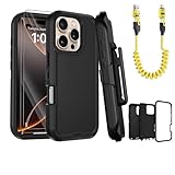 Styqeen Defender Armor Hülle für iPhone 16 Pro mit Gürtelclip Holster schwarz und skalierbarem Ladekabel