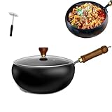 Qivine Japanische Eisenpfanne, Unbeschichtete Eisenpfanne Geschmiedet mit Holzgriff, Ohne Beschichtung Bratpfanne aus Hochreinem Eisen Antihaftbeschichtete für Gasherd, Induktionsherd