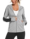 Wayleb Damen Laufjacke Sportjacke Langarm Trainingsjacke Kapuzenjacke Sweatjacke Atmungsaktive mit Daumenloch und Tasche Für Laufen Yoga Fitness Grau XXL