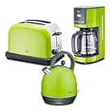 KHG Frühstücksset Wasserkocher, Toaster & Kaffeemaschine Lime-Grün, Kessel-Kocher 1,7 Liter, 360° Sockel, Kalkfilter, 2 Toastscheiben, 6 Röststufen, Funktionstasten, 12 Tassen, LCD-Display mit Timer