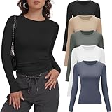 miijoory 5er Pack Langarmshirt Damen Rundhalsausschnitt Basic Langarm T-Shirt Slim Fit Y2K Top Casual Dehnbar Longsleeve Oberteile(M,Schwarz, Weiß, Nude, Olivgrün, Blau)