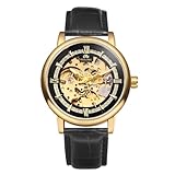 JewelryWe Herrenuhr Automatik Mechanische Uhr: 30m wasserdicht Analog Automatische Armbanduhr Automatikuhr Herren Schwarz Echtes Lederarmband Skelett Uhr mit Gold Rundem Gehäuse