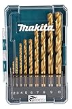 Makita D-72849 HSS-TiN Metallbohrer 10-teilig in Aufbewahrungsbox, Ø 1-10 mm, Titan-Nitrid beschichtet, DIN338, 135° geschliffene Spitze, Rundschaft