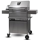 Schickling Premio III All in One - Holzkohle Grillwagen BBQ Holzkohlegrill aus rostfreien Edelstahl mit doppwandigen Deckel - Made in Germany, mit Drehspieß & Backburner, Grillfläche: 55 x 33 cm