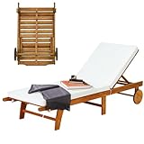 KOMFOTTEU Gartenliege mit Verstellbarer Rückenlehne, Sonnenliege aus Eukalyptusholz, Relaxliege mit Kissen & 2 Rädern, Liegestuhl bis 160 kg belastbar für Garten Terrasse Balkon, Natur & Beige