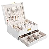 YOCOLE Schmuckkästchen, 2 Ebenen Schmuckaufbewahrung Schmuckschatulle Reise PU-Leder, Schmuck Organizers Damen Mädchen für Ringe, Ohrringe, Halsketten und Uhren, mit Schloss und Schlüssel, Weiß