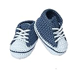 Babyschuhe, Baby-Chucks,100 Farben, Baby-Turnschuhe in Handarbeit gehäkelt aus Baumwolle (graublau-weiß)