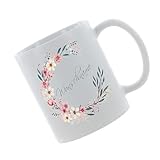 Crealuxe Kaffeetasse - Blumenkranz 6 Wunschname - Spruchtasse, Bürotasse, bedruckte Keramiktasse, Hochwertige Kaffeetasse, Tasse personalisiert mit Name/Spruch (Weiß)