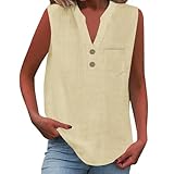 Tank Top Damen Baumwolle Leinen Blusentops Sommer Ärmellos Oberteile Leicht und Bequem Tanktops V-Ausschnitt Locker Blusentop Strand Sexy Vest Top Bluse Lässiges Strand Shirts Sommertop