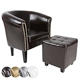 MIADOMODO® Chesterfield Sessel mit Hocker - aus Holz und Kunstleder, Kupfernieten, Farbwahl - Loungesessel inkl. Sitzhocker, Clubsessel, Armsessel, Cocktailsessel, Wohnzimmer Möbel (Braun)