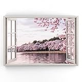 Estika - Leinwand Bilder Fensterblick - Rosa Wald, See - 90x60 cm - 1 teilige Wandbilder, Bild auf Leinwand, Modern Deko für wohnzimmer schlafzimmer - Natur Landschafts bilder - 5979A_1L