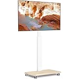 TVON Weiß TV Ständer mit Rollen für 32-65 Zoll Fernseher,Holz TV Standfuss Mobiler Fernsehständer Rollbar Höhenverstellbar Schwenkbar TV Bodenständer mit Holzfuß bis 40kg Max. VESA 400x400mm