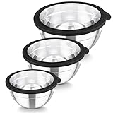 TEAMFAR Rührschüssel Set, 3 Stück Edelstahl Schüssel mit Transparenter Luftdichtem Deckel, Stapelbar Schüsselset, 4,5L/3L/1,5L, Salatschüssel zum Servieren/Kochen/Backen, Spülmaschinenfest - Schwarz