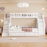 Etagenbett Kinderbett 90x200 & 140x200 cm für 2-3 Kinder, Multifunktionsbett mit Rutsche und Lagerregal, Hochbett mit Treppe und 2 Stauraum Schubladen, Stockbett Kinderhochbett Jugendhochbett, Weiß