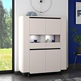 Forte VODOL Highboardvitrine 130, moderner Vitrinenschrank mit 2 Türen und abgerundetem Eckendesign, Holzwerkstoff, Sand, 130,3 cm breit x 161,1 cm hoch x 44,8 cm tief