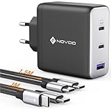 NOVOO 120W USB C Ladegerät GaN Ⅲ 3-Port USB C Netzteil Schnellladegerät mit 2 PD 100W Typ-C-Kabeln Wandladegerät für MacBook Pro 14'',Dell XPS 13,iPad Pro,iPhone 15,Galaxy S23,Note20,Apple Watch