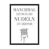 Wandbild „Manchmal sollte man sich lieber Nudeln statt Sorgen machen“ – humorvoller Küchenspruch – Poster mit Nudelgabel Illustration – Typografie-Dekor für Küche & Esszimmer – DIN A4 (ohne Rahmen)