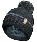 OnlyBee Herren Warme Winter Grobstrick Ski Bommel Pompon Mütze mit Kuscheligem Thermo Teddy Fleece Futter, Schwarz , Einheitsgröße