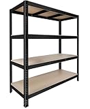 MASKO® Schwerlastregal Lagerregal Kellerregal 160x160x60cm, 1200kg belastbar, 4 verstellbare Ablagen, MDF-Platten Regal aus Metall, Steckregal, Werkstattregal Stahlgestell Garage Werkbank Schwarz
