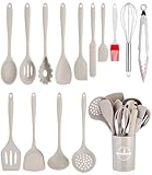 Küchenhelfer Set（Erdgelb）,15 Stück Kochutensilien Kochgeschirr,Kochlöffel Set Silikon,Hitzebeständiger Antihaft Kochset mit Utensilienhalter,Spülmaschinenfest
