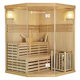 Artsauna Saunakabine Espoo150 Premium mit Harvia Ofen — 3 Personen — Hemlock Holz, Glasfront und LED Licht — Inkl. Thermometer & Sanduhr —Komplett Set