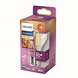 Philips LED Classic E27 Filament Lampe Warm Glow (60 W), dimmbare LED Lampe mit warmweißem Licht, energiesparende Lampe mit langer Nutzlebensdauer, Klar