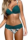 Ocean Plus Damen Gestreiftes Bikini-Set mit Brustpolster Bikinis Push Up mit Bügel Zweiteiliger Bademode (L (EU 38-40), Dunkelgrün)