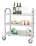 QWORK® 3-Etagen Edelstahl Servierwagen Teewagen Reinigungswagen mit Vibrationsarmen Bremse Lenkrollen für Küche, Hotel, Restaurant (75 x 40 x 83,5 cm)