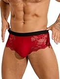 ohyeahlady Sissy Dessous Männer Sexy Boxershorts Spitze Erotische Unterwäsche Herren Reizwäsche Große Größen Unterhosen Ouvert Slip Mesh Underwear mit Bulge Transparent Briefs Clubwear Rot L