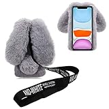 DasKAn Kompatibel mit iPhone SE 2022 & 2020 / iPhone 7/8 4,7' Plüsch Hülle mit Handykette, Glänzend Diamant 3D Hasenohren Design Winter Warm Weich Kaninchen Flauschig Fell Schutzhülle, Hellgrau