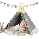 Camiraft Grau Kinder Tipi Zelt,klassisches indisches Spielzelt für Kinder,faltbares Spielhaus für drinnen oder draußen,Kinderzelte aus Polyester für Mädchen und Jungen mit Tragetasche,bunten Flaggen