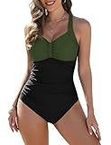 FemiChic Badeanzug für Damen Bauchweg Badeanzüge große größe V Ausschnitt Badekleid Push Up High Waist Figurformend Bademode for Sport(Grün Schwarz,XXL)