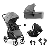 hauck 3in1 Kinderwagen Set Shop N Care Trio Set inkl. Buggy, Babywanne, Babyschale ab Geburt bis 22 kg, Klein Zusammenklappbar, Liegefunktion, Getränkehalter & Tablett, UV-Schutz 50+ (Grey)