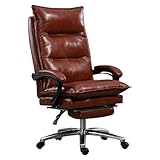 Bürostuhl aus echtem Leder mit einziehbarer Fußstütze – vollständig Verstellbarer, drehbarer Chefsessel mit hoher Rückenlehne und RT (braun)