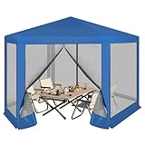 WOLTU Pavillon 3,8x3,3 m seckeckig, Gartenpavillon mit Seitenwänden Moskitonetz, Gartenlaube Metall, Partyzelt, einfacher Aufbau ohne Werkzeug, für Garten Terrasse Hof, Blau