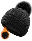 FORVEVO Mütze Damen Winter,Warme Wintermütze mit Fleece Futter,Thermo Beanie Mädchen,Bommelmütze Abnehmbarem Pom Pom für Outdoor Skifahren(Schwarz)