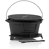 BBQ-Toro Gusseisen Grilltopf mit Grillrost | (B) 32 x (T) 33 x (H) 18 cm | Hibachi Style Grill mit Grillrostheber | Holzkohle Campinggrill, Gusseisen Feuertopf, BBQ Grill, Dutch Oven Station