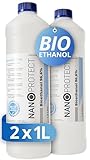 Nanoprotect Bioethanol 96,6% | 2 x 1 Liter | Flüssiger Ethanol Brennstoff für Indoor Kamin und Tischfeuer | Reiner Ethylalkohol als Lösemittel | Geprüfte Premium Qualität