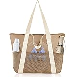 flintronic Strandtasche Damen, Strandtasche Groß Handtasche, Wasserdichte Badetasche, Netztasche Strand Mit Reißverschluss Innentasche für Schwimmbad, Urlaub, Reisen, Fitnessstudio, Einkaufen - Khaki